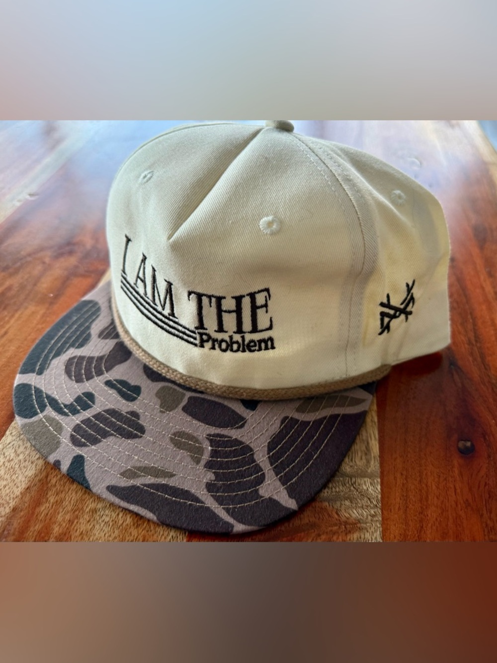 "I Am The Problem" Beige Snapback Hat with Camo Brim by Mad Hatter Co